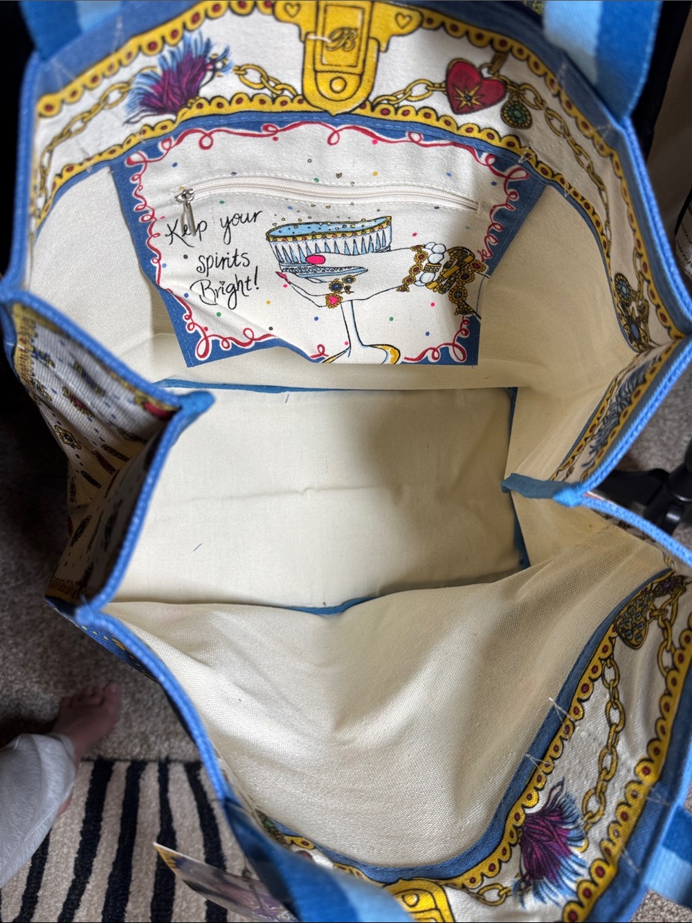 Brighton White Canvas Tote with Blue Trim and Multicolor Jewel Love Motif - Picture 6 of 8